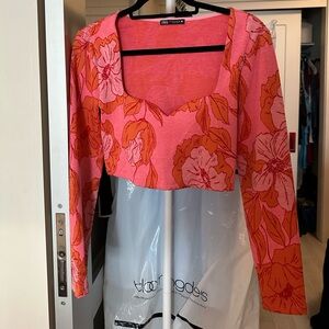 ZARA Pink Floral Matching Set – Long Sleeve Crop Top + Pant (M)